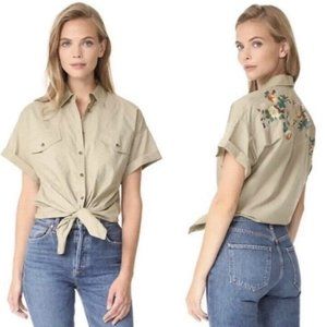 Madewell khaki embroidered tie-front button-up shirt